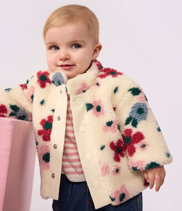 Manteau b&eacute;b&eacute; ouatin&eacute; en sherpa imprim&eacute;e fleurs &eacute;cru/multicouleur