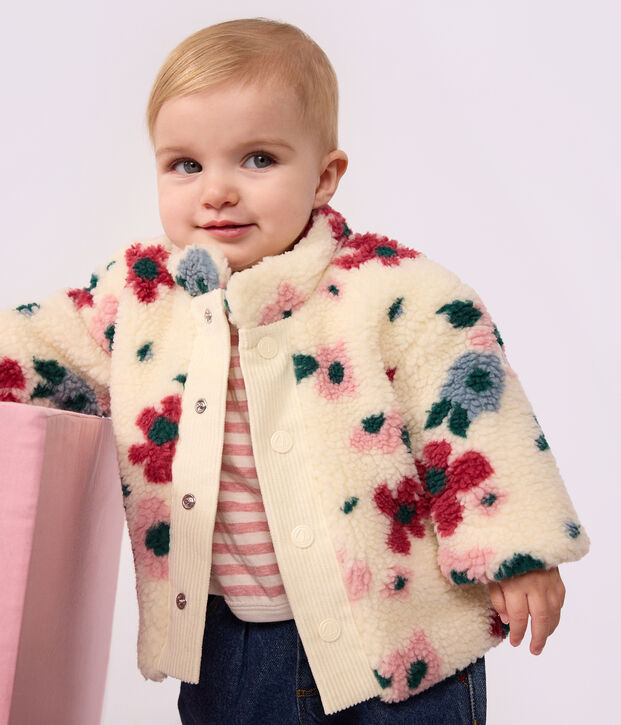 Manteau b&eacute;b&eacute; ouatin&eacute; en sherpa imprim&eacute;e fleurs &eacute;cru/multicouleur