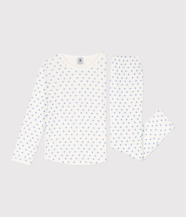 Pyjama &agrave; pois en coton petite fille blanc/bleu