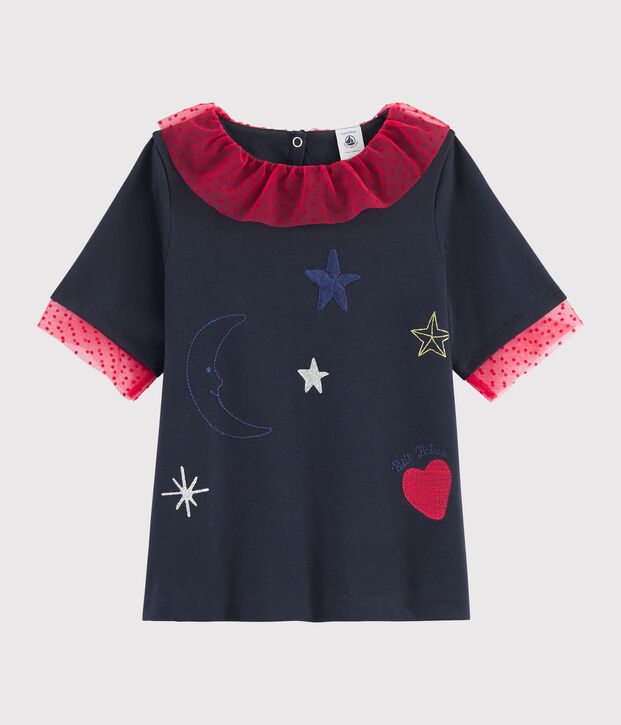 Tee-shirt brod&eacute; enfant fille bleu marine
