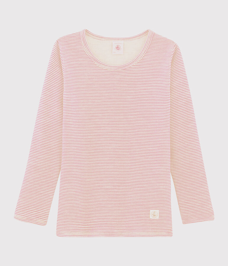 Tee-shirt manches longues milleraies petite fille en laine et coton rose/blanc