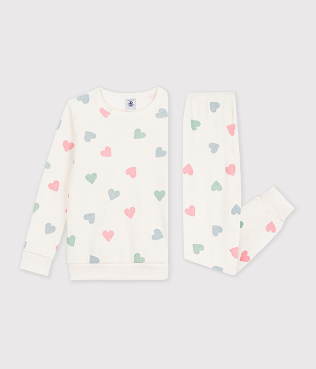 Pyjama enfant en coton &eacute;ponge &agrave; c&oelig;urs &eacute;cru/multicouleur