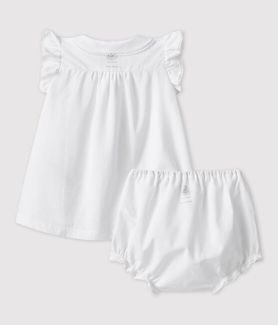 Robe blanche manches courtes avec bloomer bébé fille en popeline de coton biologique blanc ECUME