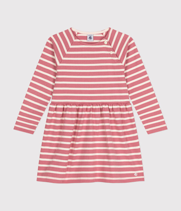 Robe manches longues en coton &eacute;pais enfant fille rose/&eacute;cru
