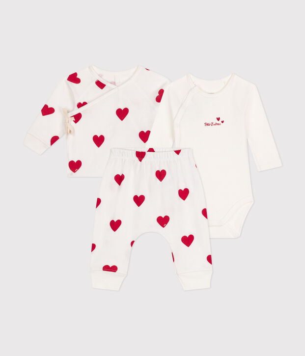 Ensemble 3 pi&egrave;ces imprim&eacute; coeur en coton b&eacute;b&eacute; blanc/rouge