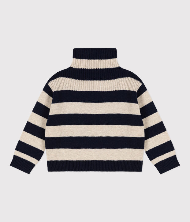 Pull en tricot de laine et coton enfant gar&ccedil;on bleu/&eacute;cru