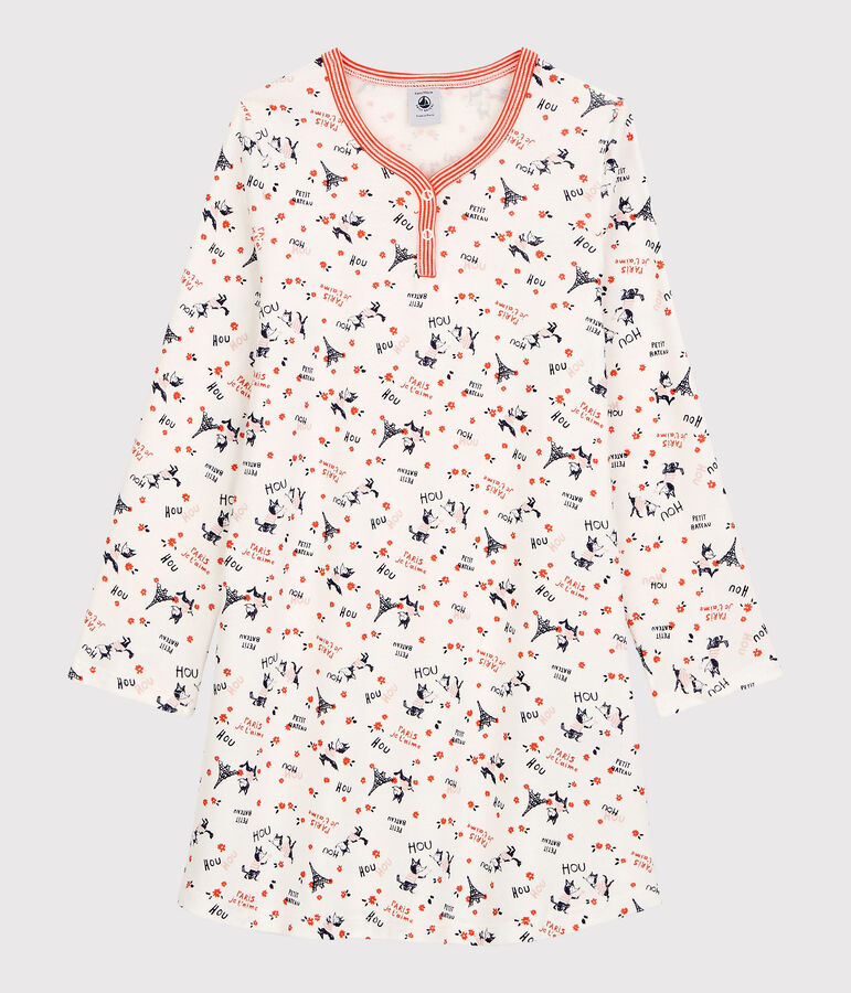 Chemise de nuit imprim&eacute; Paris petite fille en coton biologique blanc/multicouleur