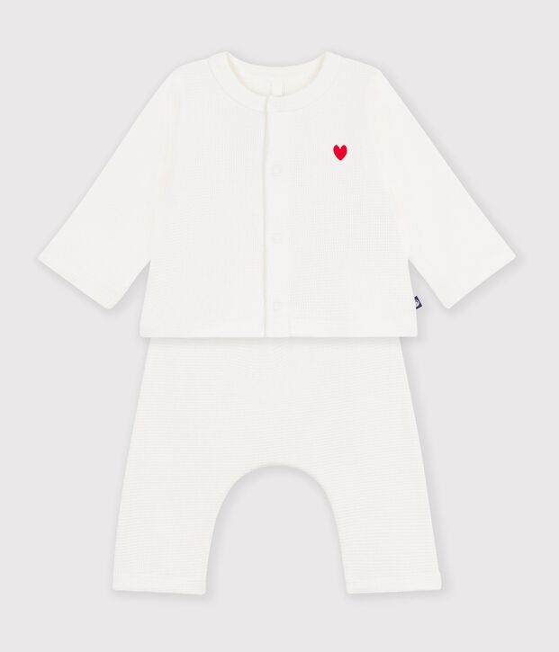 Ensemble b&eacute;b&eacute; en coton brod&eacute; poitrine uni blanc