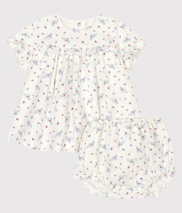 Robe avec bloomer &agrave; imprim&eacute; fleurs b&eacute;b&eacute; fille en popeline blanc/multicouleur