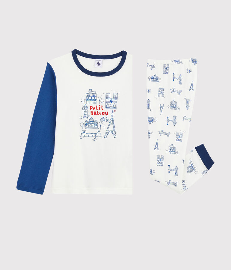 Pyjama motif Paris petit gar&ccedil;on en c&ocirc;te blanc MARSHMALLOW/bleu BLEU/ MULTICO