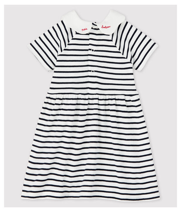 Robe manches courtes en c&ocirc;te ray&eacute; b&eacute;b&eacute; fille blanc/bleu