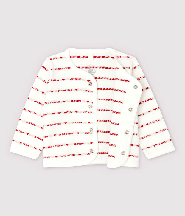Cardigan Petit Bateau Je t'aime b&eacute;b&eacute; en jacquard en coton biologique blanc/rouge