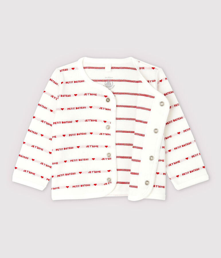 Cardigan Petit Bateau Je t'aime b&eacute;b&eacute; en jacquard en coton biologique blanc MARSHMALLOW/rouge TERKUIT