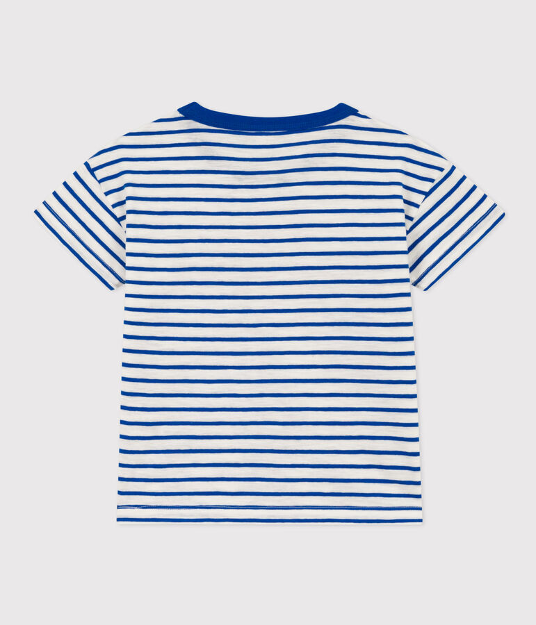 Tee-shirt ray&eacute; en coton enfant fille / gar&ccedil;on blanc MARSHMALLOW/bleu PERSE