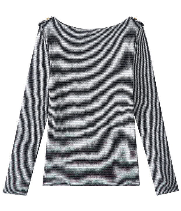 T-shirt femme manches longues en lin ray&eacute; bleu/blanc
