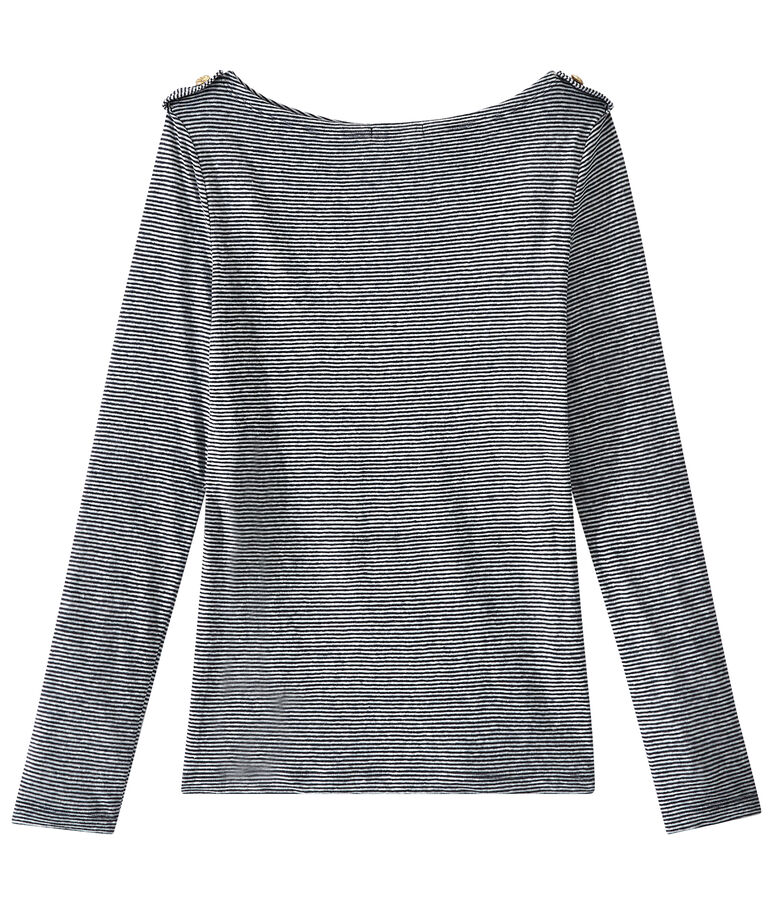 T-shirt femme manches longues en lin ray&eacute; bleu/blanc