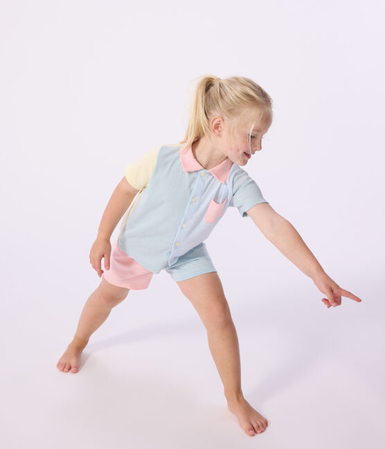 Pyjama short boutonné enfant en coton à rayures blanc MARSHMALLOW/blanc MULTICO