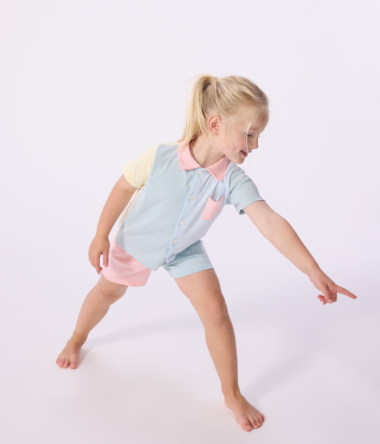 Pyjama short boutonn&eacute; enfant en coton &agrave; rayures blanc MARSHMALLOW/blanc MULTICO