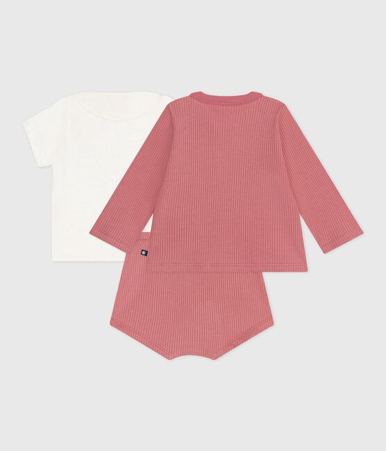Ensemble naissance trois pièces en coton et t-shirt à col brodé rose ROSEWOOD/ MULTICO