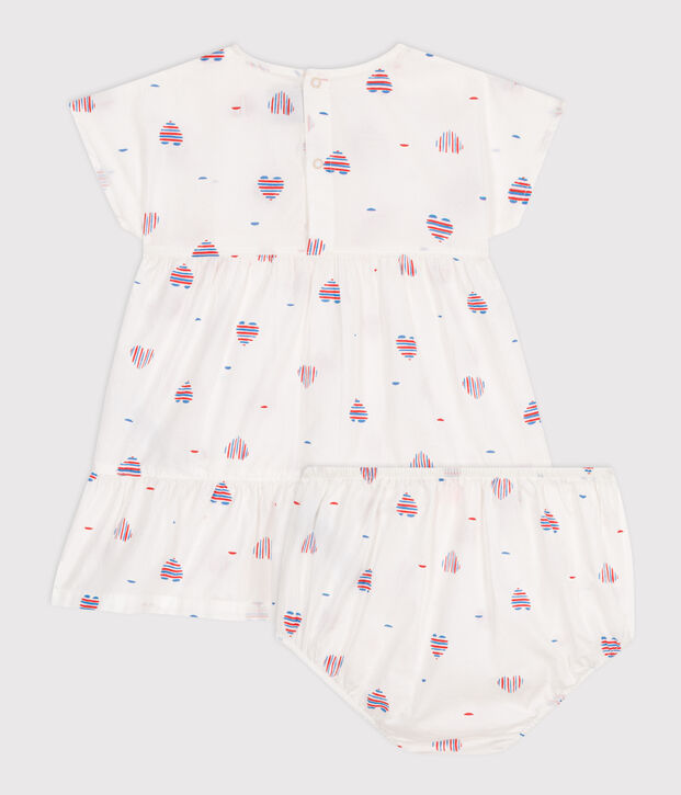 Robe b&eacute;b&eacute; en coton manches courtes et bloomer, imprim&eacute;s c&oelig;urs &eacute;cru/multicouleur
