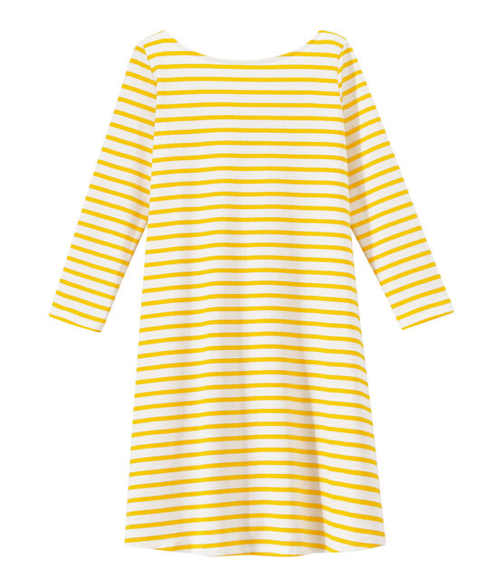 Robe femme manches 3/4 à rayures blanc MARSHMALLOW/jaune SHINE