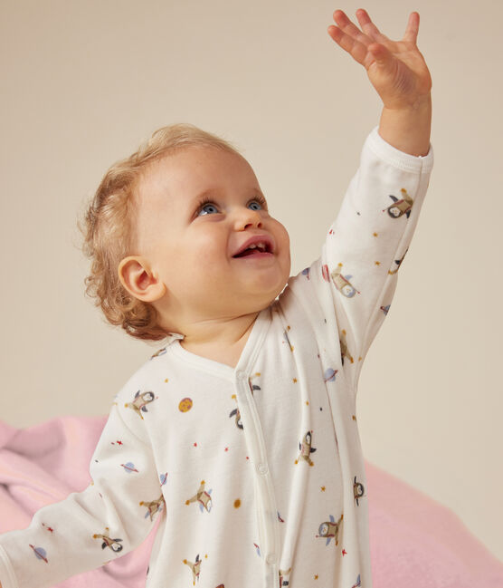 Pyjama en velours imprimé petit pingouin dans l'espace bébé blanc MARSHMALLOW/blanc MULTICO
