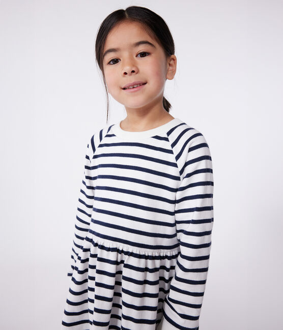 Robe enfant en coton manches longues à rayures blanc MARSHMALLOW/bleu SMOKING