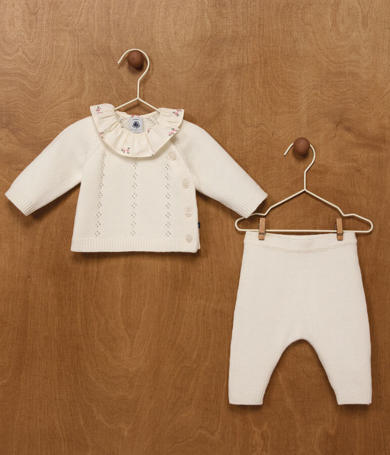 Ensemble 2 pi&egrave;ces b&eacute;b&eacute; en laine et coton et colerette fleurie blanc MARSHMALLOW
