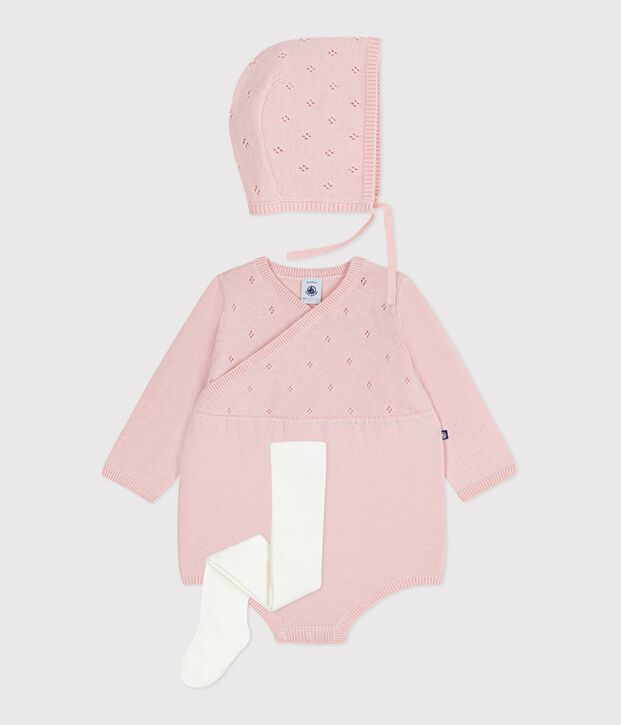 Ensemble cadeau b&eacute;b&eacute; beguin, barboteuse et collant en tricot multicouleur