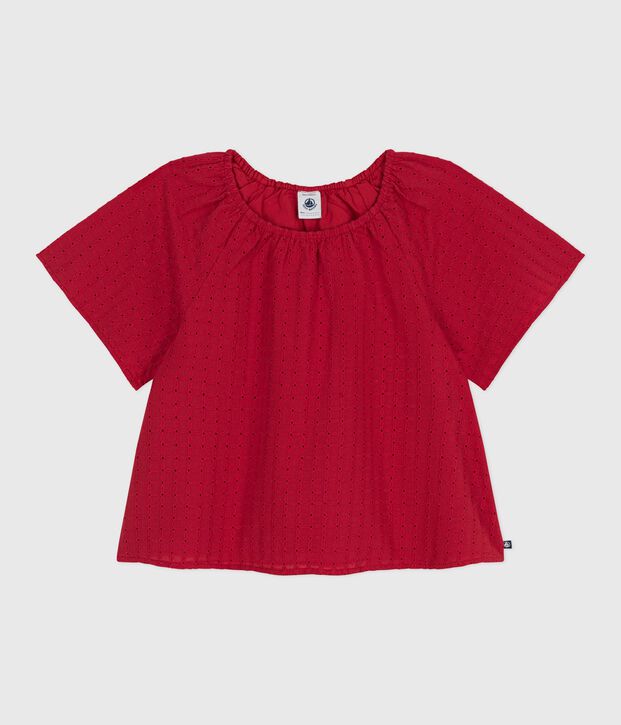 Blouse enfant en coton manches courtes &agrave; motif fleurie rouge