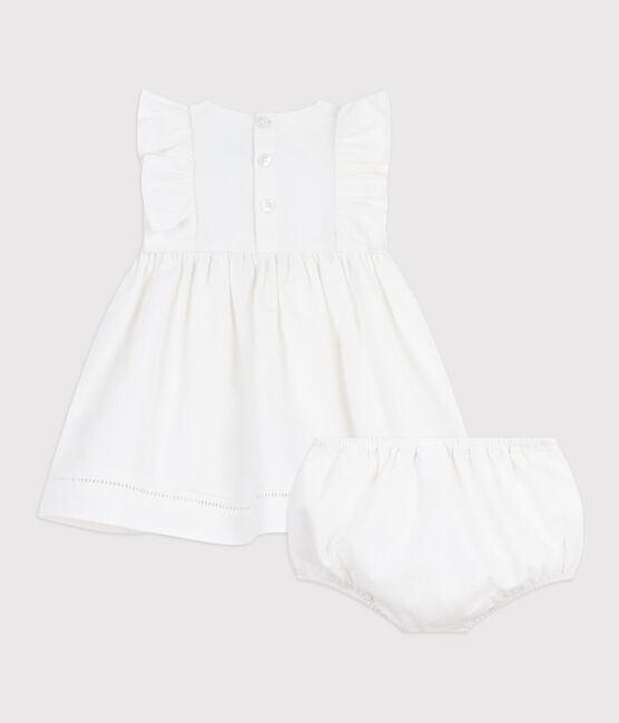 Robe bébé en coton sans manche unie et brodée avec son bloomer blanc ECUME