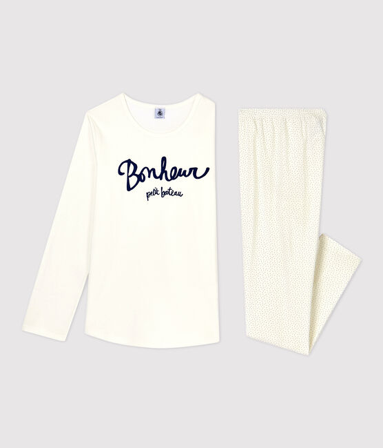 Pyjama à pois fille en coton biologique blanc MARSHMALLOW/bleu MEDIEVAL