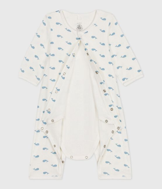 Bodyjama bébé sans pieds en coton imprimé baleines MARSHMALLOW/ ADRIATIC