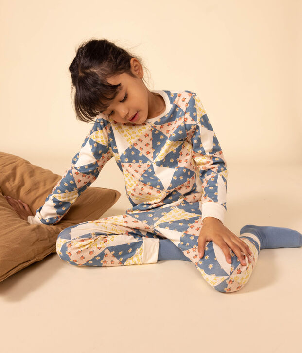 Pyjama patchwork petite fille en coton &eacute;cru/multicouleur