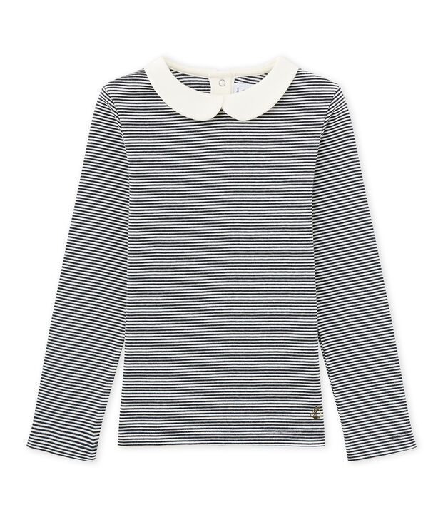 T-shirt fille manches longues en milleraies bleu/blanc