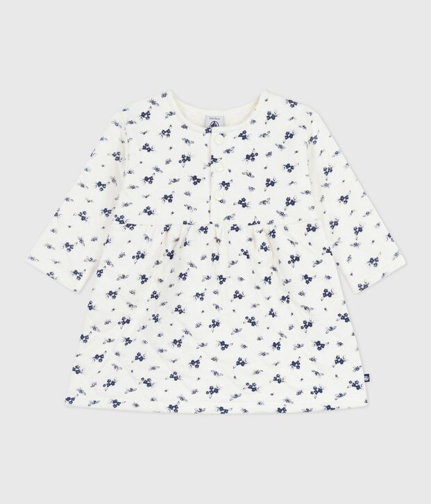 Robe b&eacute;b&eacute; en coton manches longues imprim&eacute;e fleurs bleu/bleu