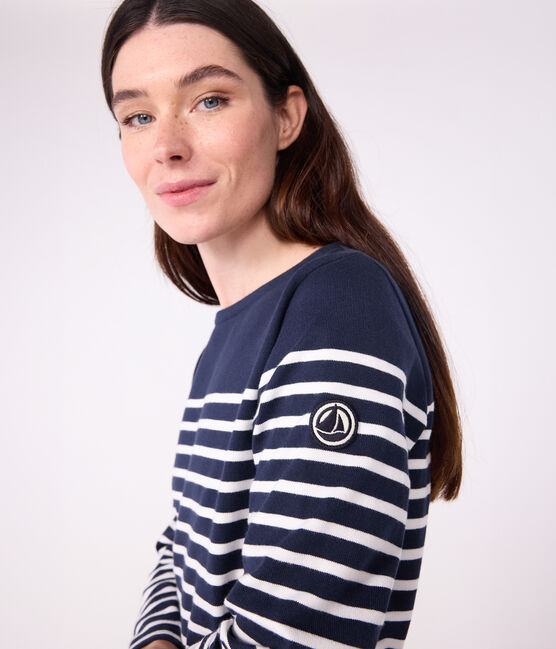 Marinière femme en coton manches longues bleu SMOKING/blanc MARSHMALLOW