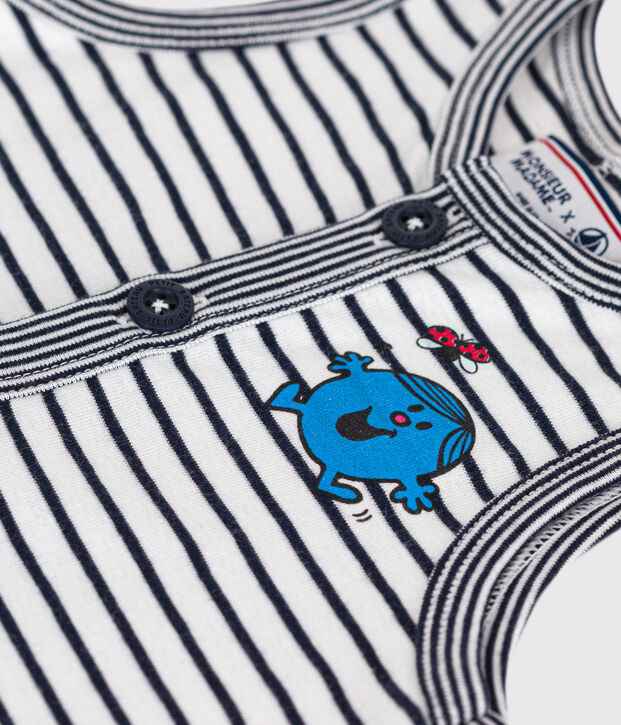 Combinaison courte Monsieur Madame en coton b&eacute;b&eacute; blanc/bleu