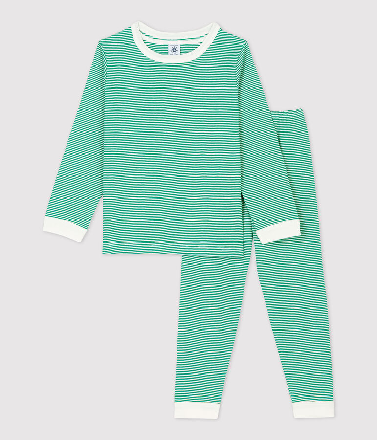 Pyjama milleraies vert en coton enfant vert/blanc