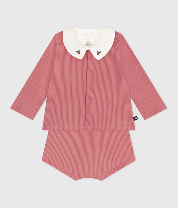 Ensemble naissance trois pi&egrave;ces en coton et t-shirt &agrave; col brod&eacute; rose/multicouleur