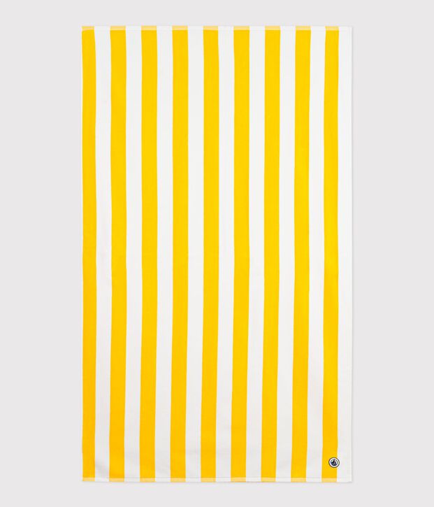 Serviette de plage en coton &eacute;ponge &agrave; rayures jaune/blanc