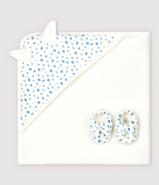 Coffret carré de bain et chaussons bébé en éponge et coton biologique blanc MARSHMALLOW/bleu COOL