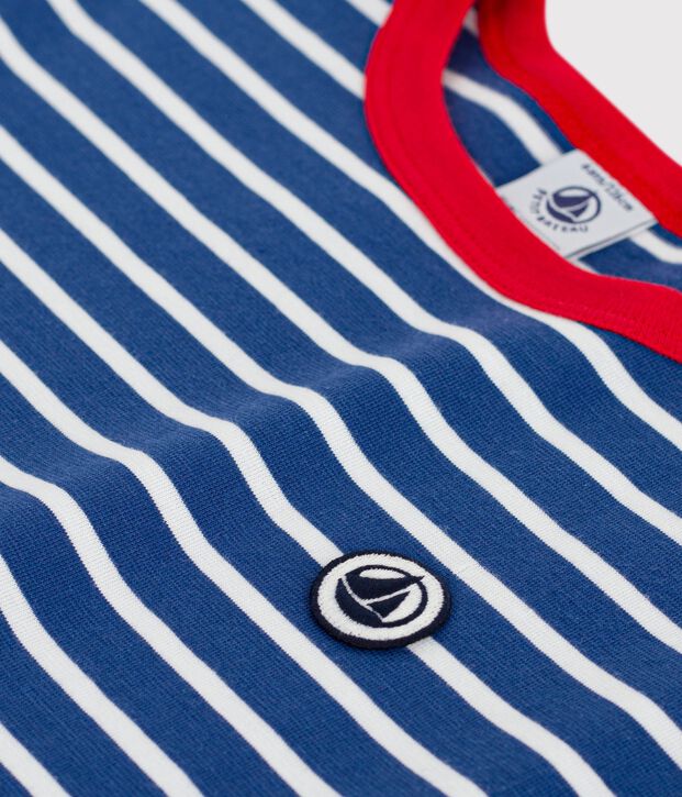 Tee-shirt enfant manches courtes en coton &agrave; rayures bleu/blanc