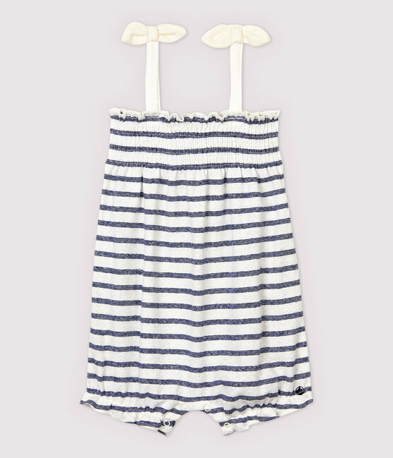 Combinaison courte en coton/lin rayé bébé fille blanc MARSHMALLOW/bleu MEDIEVAL