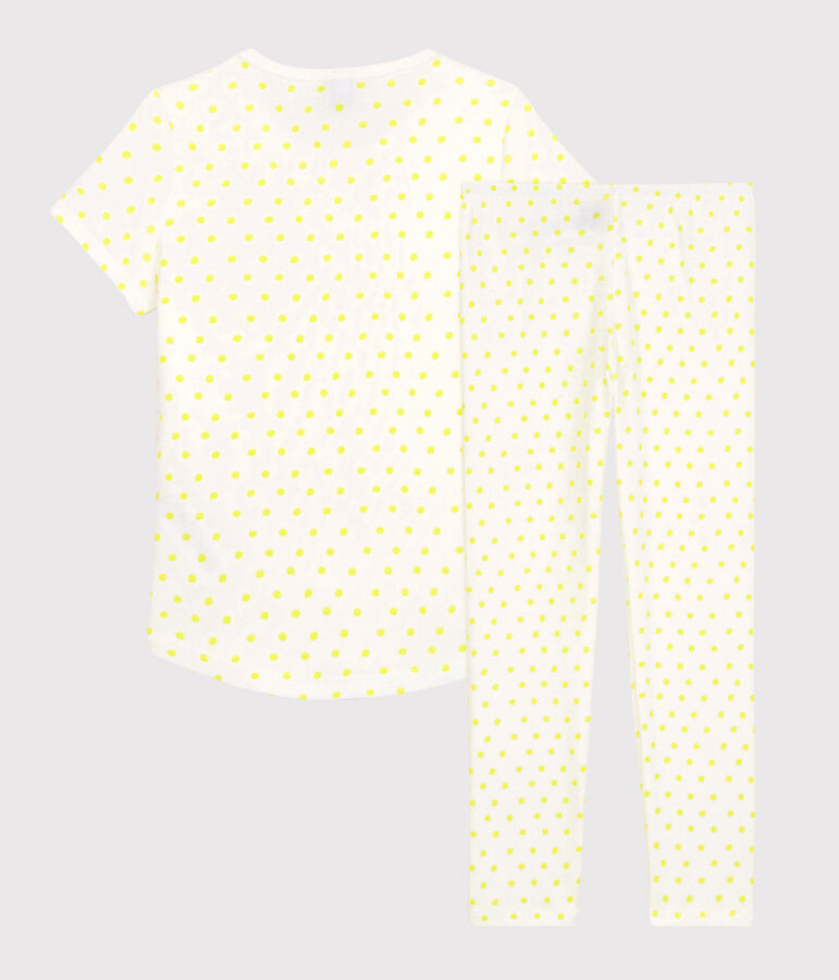 Pyjama &agrave; pois jaunes petite fille en coton blanc MARSHMALLOW/ SUNNY