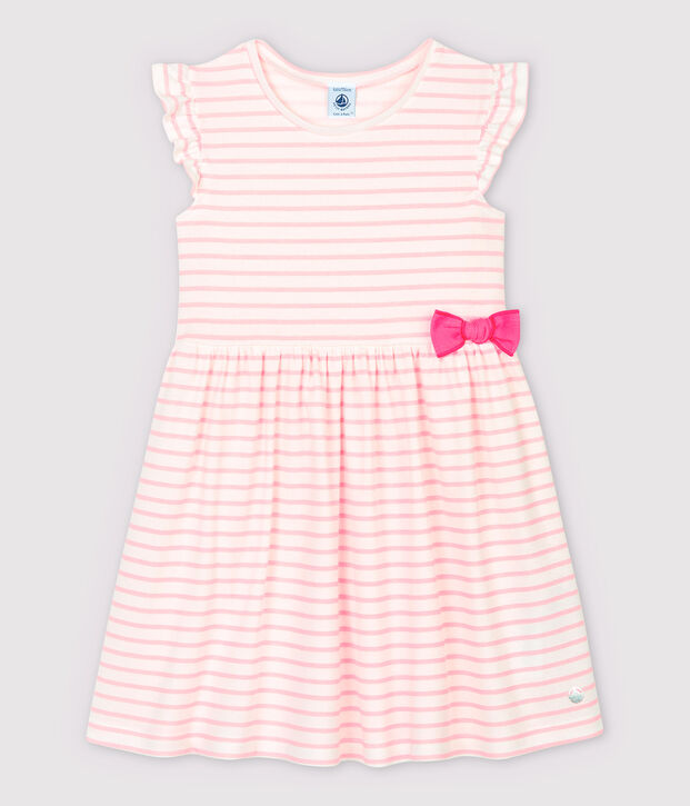 Robe manches courtes en coton enfant fille blanc/rose