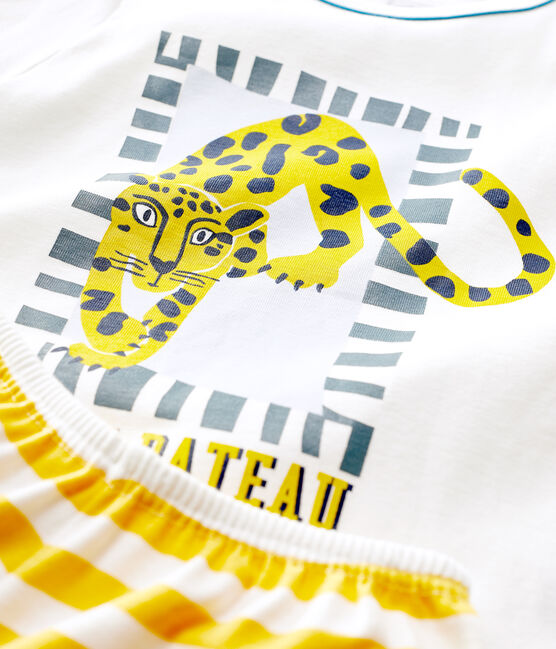 Pyjacourt motif panthère petit garçon en coton blanc MARSHMALLOW/jaune OCRE