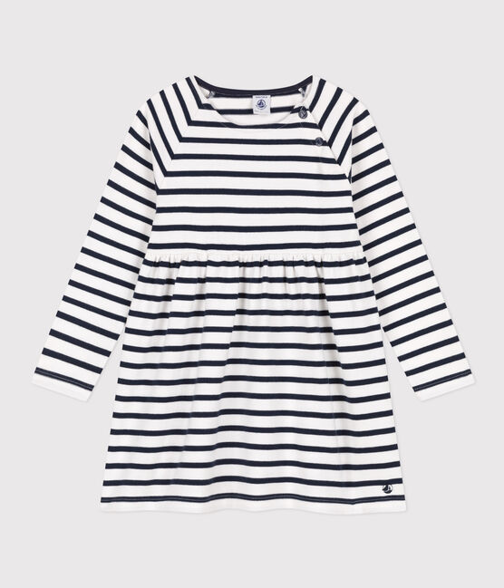 Robe manches longues en coton épais à rayures enfant fille blanc MARSHMALLOW/bleu SMOKING