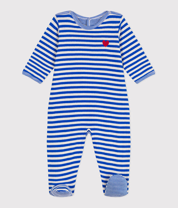Pyjama b&eacute;b&eacute; en tubique ouverture au dos &agrave; rayures bleu/&eacute;cru