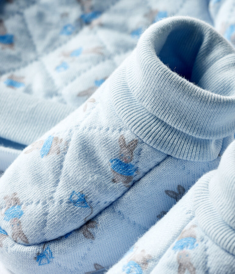 Lot bonnet naissance et chaussons b&eacute;b&eacute; en tubique bleu FRAICHEUR/blanc MULTICO